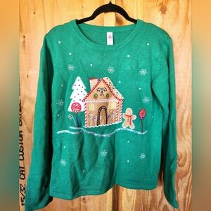 Festive Green Holiday Sweater with Gingerbread House Design